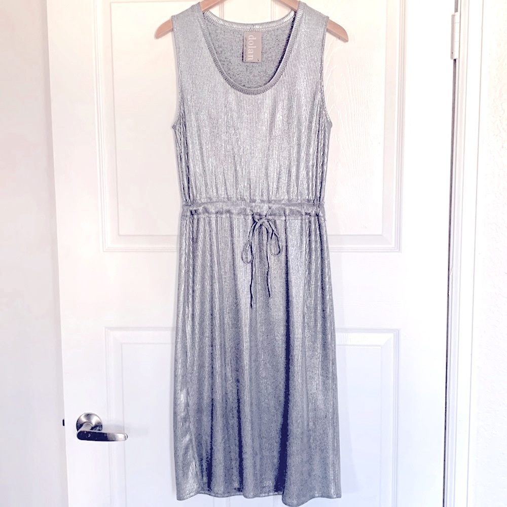 DOLAN (for Anthro) silver metallic dress with tie around waist. Small